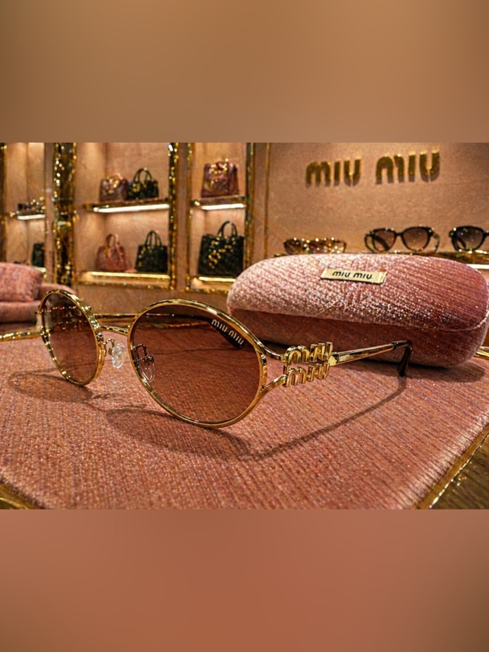 Miu Miu With Case Gold-Tinted Pink Oval Metal Sunglasses Made in Italy